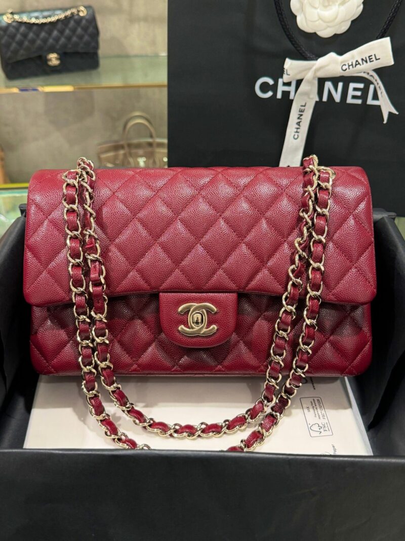 Túi Chanel Classic Flap Bag Da Caviar Màu Đỏ Đô Dây Khóa Mạ Vàng VVIP Like Auth Size 25.5cm