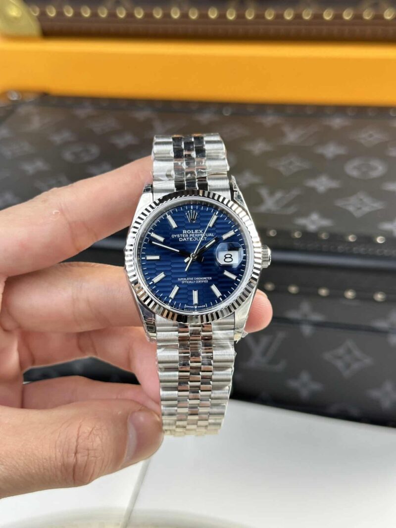 Đồng Hồ Rolex Datejust Mặt Số Nếp Gấp Xanh Dương Cọc Số Dạ Quang Replica Cao Nhất 36mm