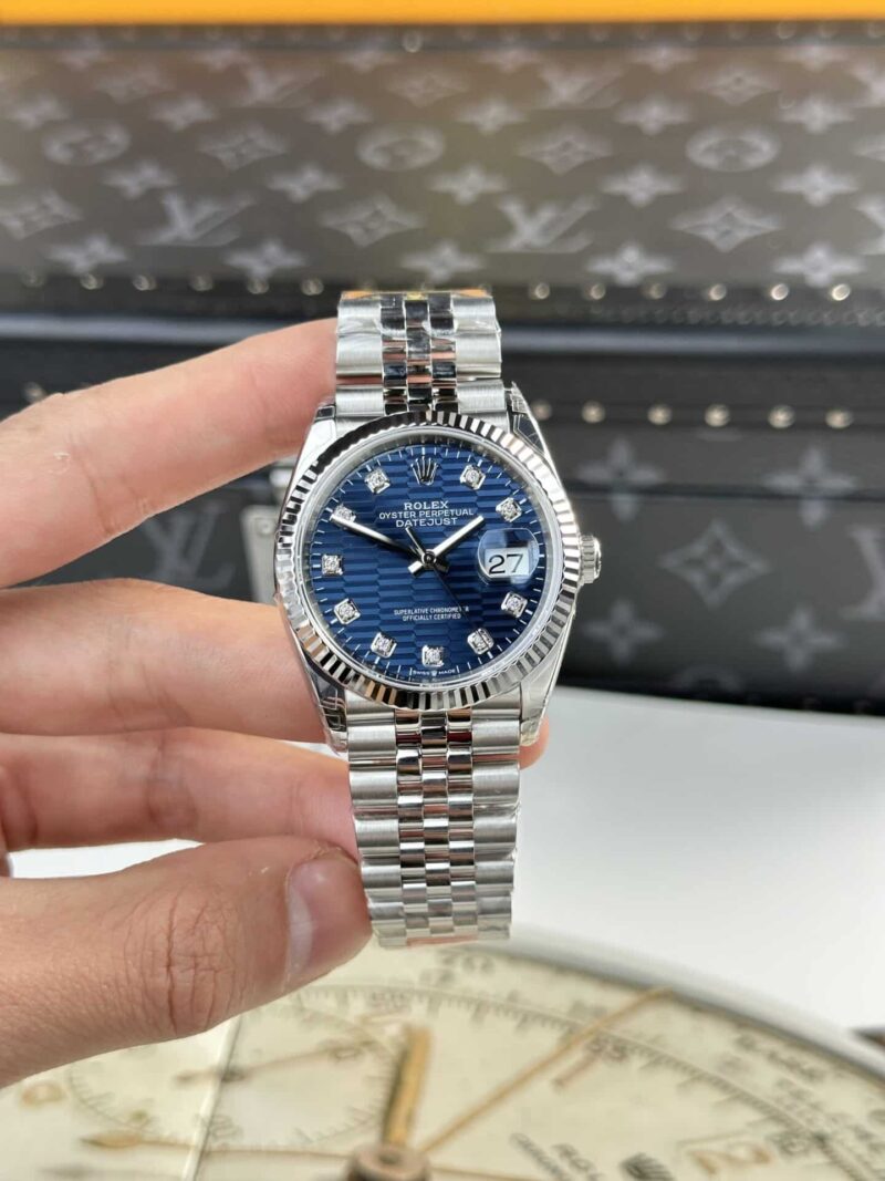 Đồng Hồ Rolex Datejust Mặt Số Nếp Gấp Xanh Dương Cọc Số Đính Đá Rep 11 Cao Nhất 36mm