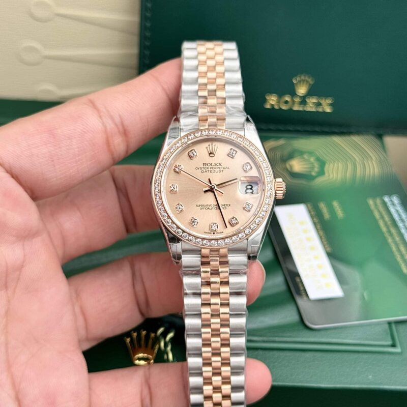 Đồng Hồ Rolex Datejust Nữ Mặt Số Hồng Viền Đá Dây Jubilee