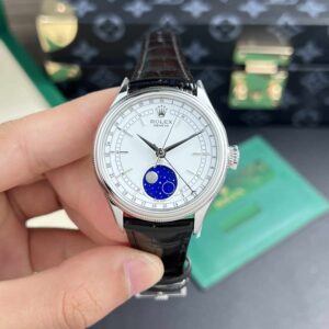 Đồng Hồ Rolex Cellini Moonphase Vỏ Thép Trắng Mặt Trắng Replica 39mm