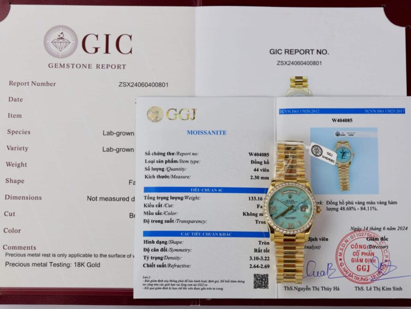 Đồng Hồ Rolex Day-Date 128348RBR-0037 Bọc Vàng 18K Mặt Số Turquoise Niềng Moissanite 36mm