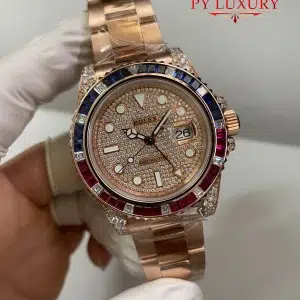Rolex GMT-Master II 126755SARU 18K Rose Gold Plating Moissanite Pavé Dial Ruby & Sapphire Bezel Super Clone Gained Weight 183g 40mm