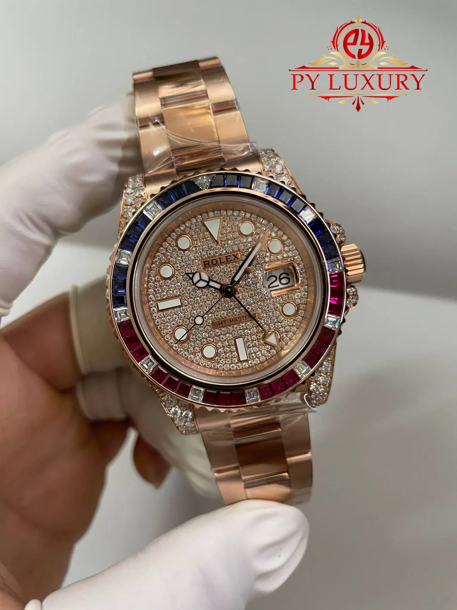 Rolex GMT-Master II 126755SARU 18K Rose Gold Plating Moissanite Pavé Dial Ruby & Sapphire Bezel Super Clone - 1 Rolex GMT-Master II 126755SARU 18K Rose Gold Plating Moissanite Pavé Dial Ruby & Sapphire Bezel Super Clone Gained Weight 183g 40mm