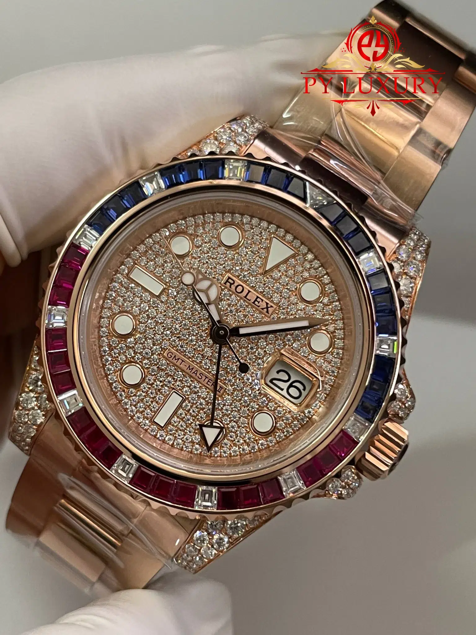 Rolex GMT-Master II 126755SARU 18K Rose Gold Plating Moissanite Pavé Dial Ruby & Sapphire Bezel Super Clone - 2
