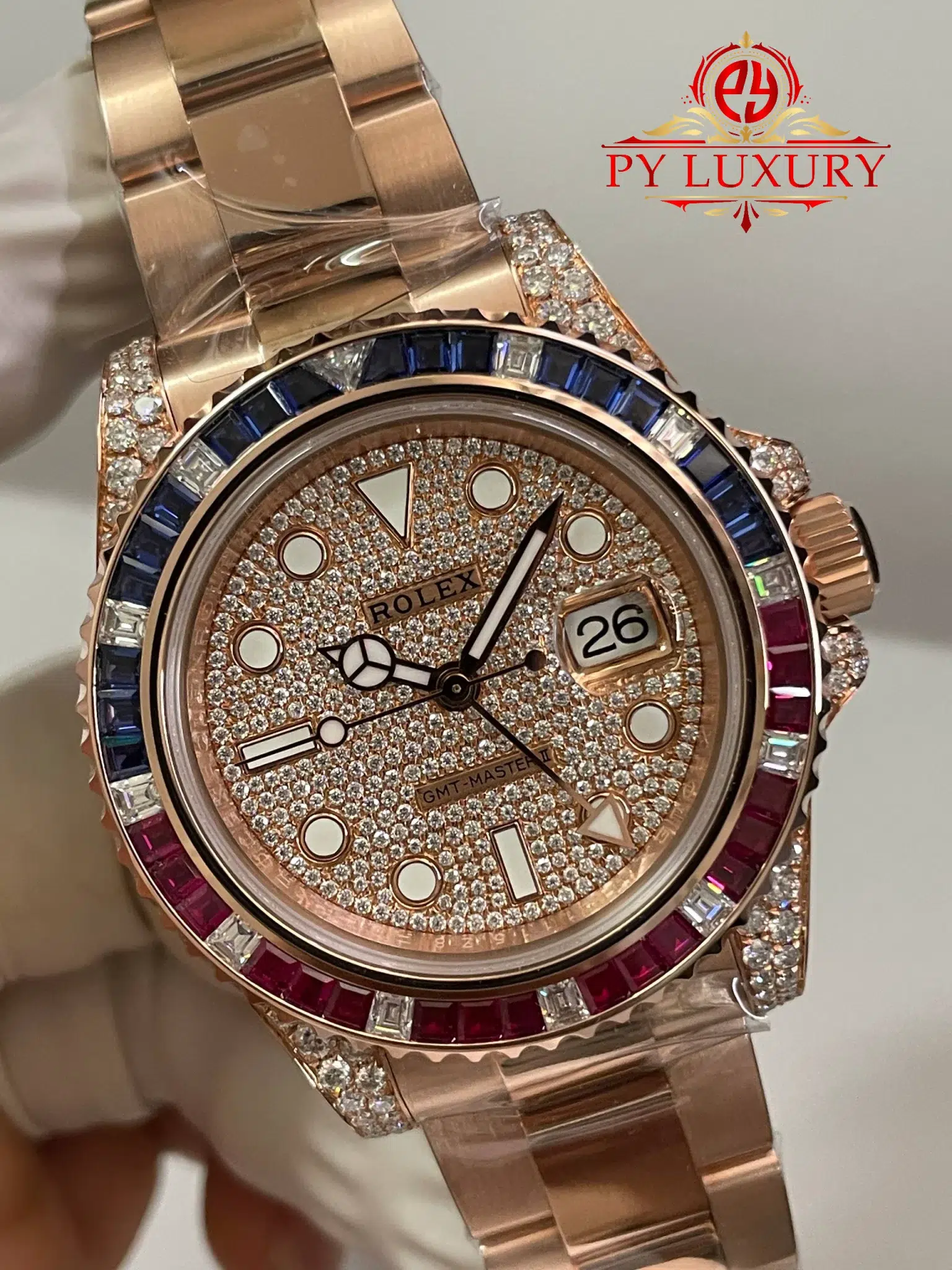 Rolex GMT-Master II 126755SARU 18K Rose Gold Plating Moissanite Pavé Dial Ruby & Sapphire Bezel Super Clone - 3