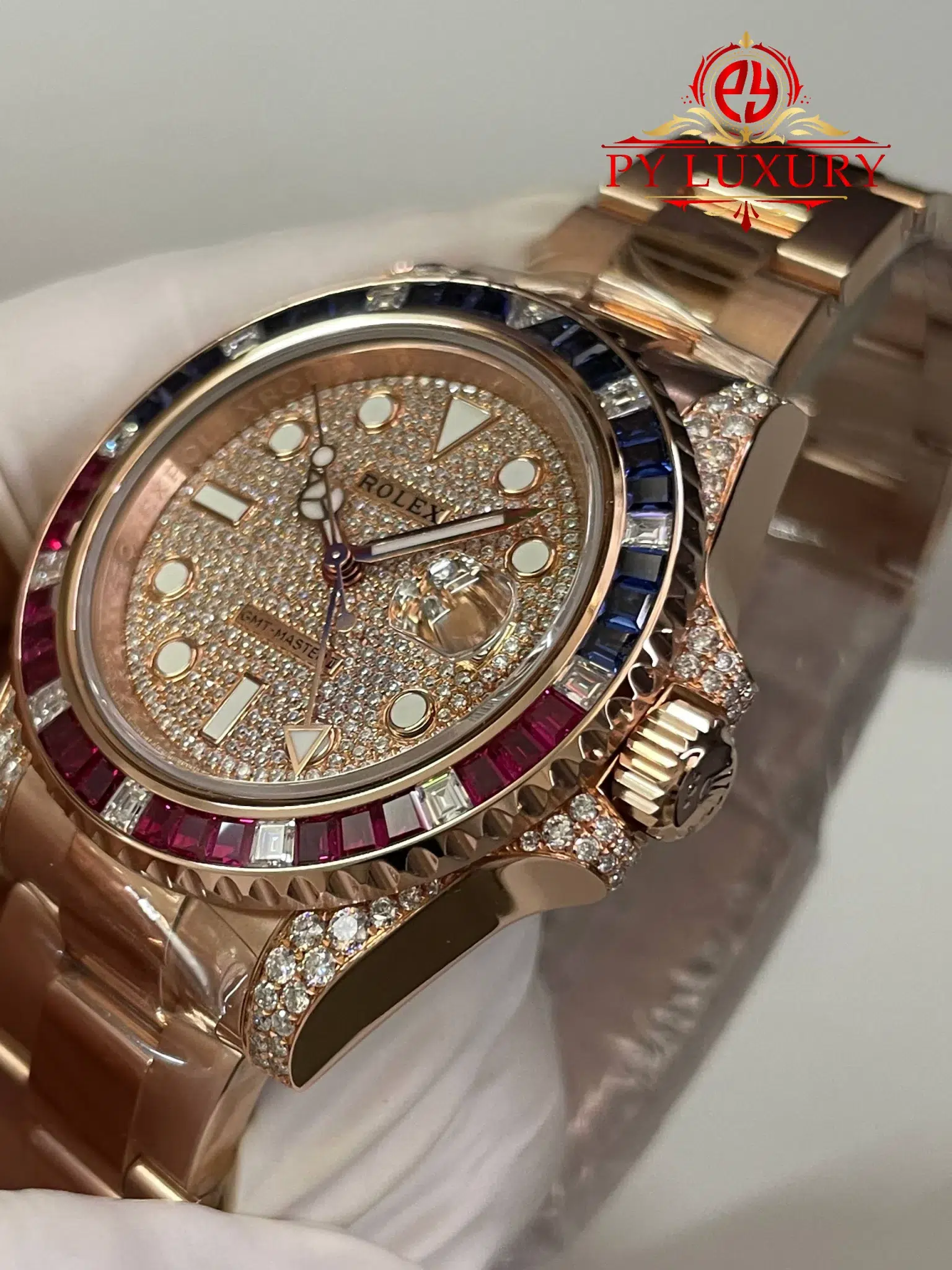 Rolex GMT-Master II 126755SARU 18K Rose Gold Plating Moissanite Pavé Dial Ruby & Sapphire Bezel Super Clone - 4