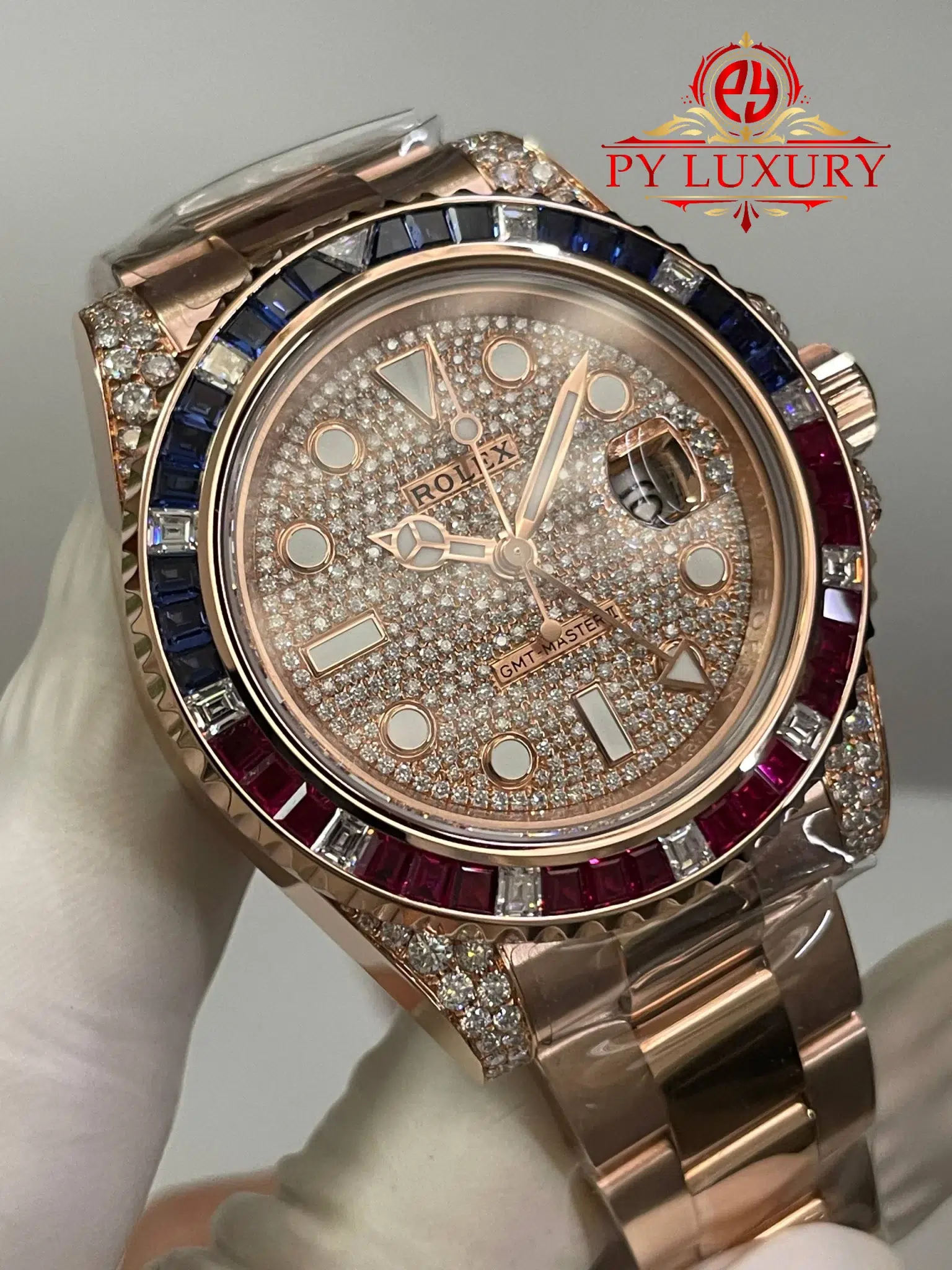 Rolex GMT-Master II 126755SARU 18K Rose Gold Plating Moissanite Pavé Dial Ruby & Sapphire Bezel Super Clone - 5