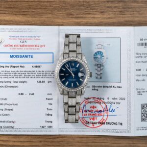 Đồng Hồ Rolex Datejust Mặt Xanh Dương Cọc Dạ Quang Chế Tác Full Moissanite Hong Kong 41mm