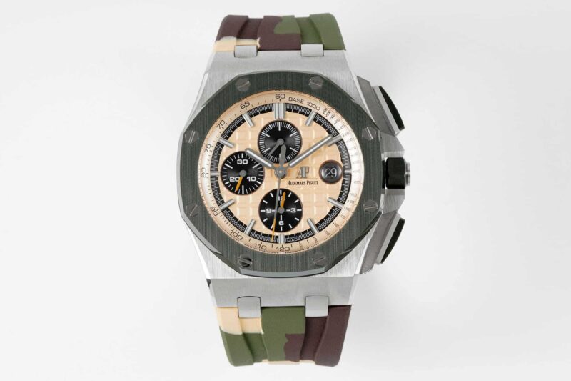 Đồng Hồ Audemars Piguet Royal Oak Offshore Chronograph 26400SO Mặt Số Màu Beige Viền Gốm Xanh Rep 1:1 APF 44mm