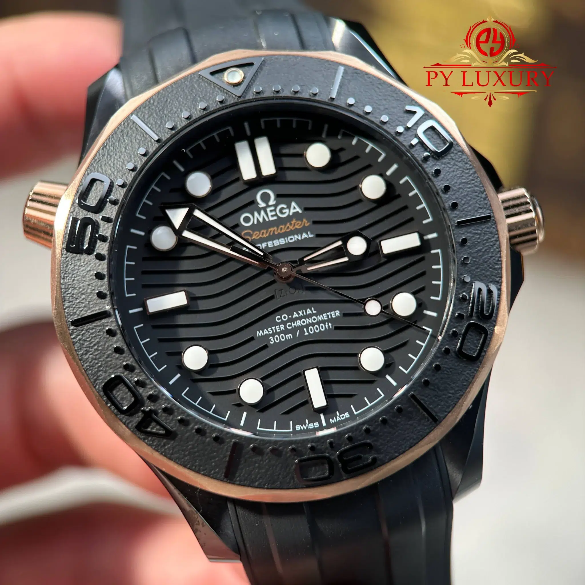 Omega Seamaster Diver 300M Black Ceramic and Sedna Gold Rubber Strap Best Replica VSF - 5