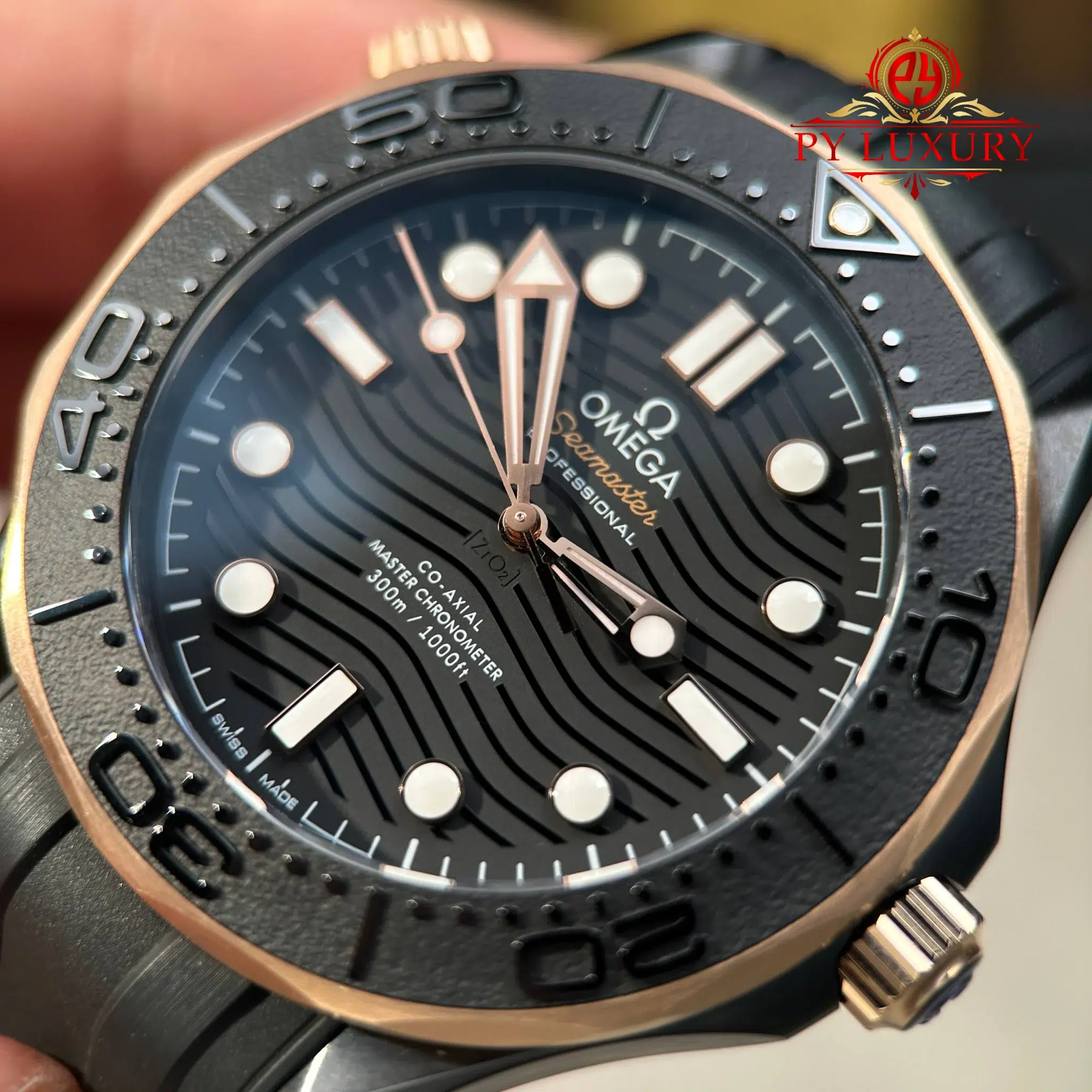 Omega Seamaster Diver 300M Black Ceramic and Sedna Gold Rubber Strap Best Replica VSF - 7