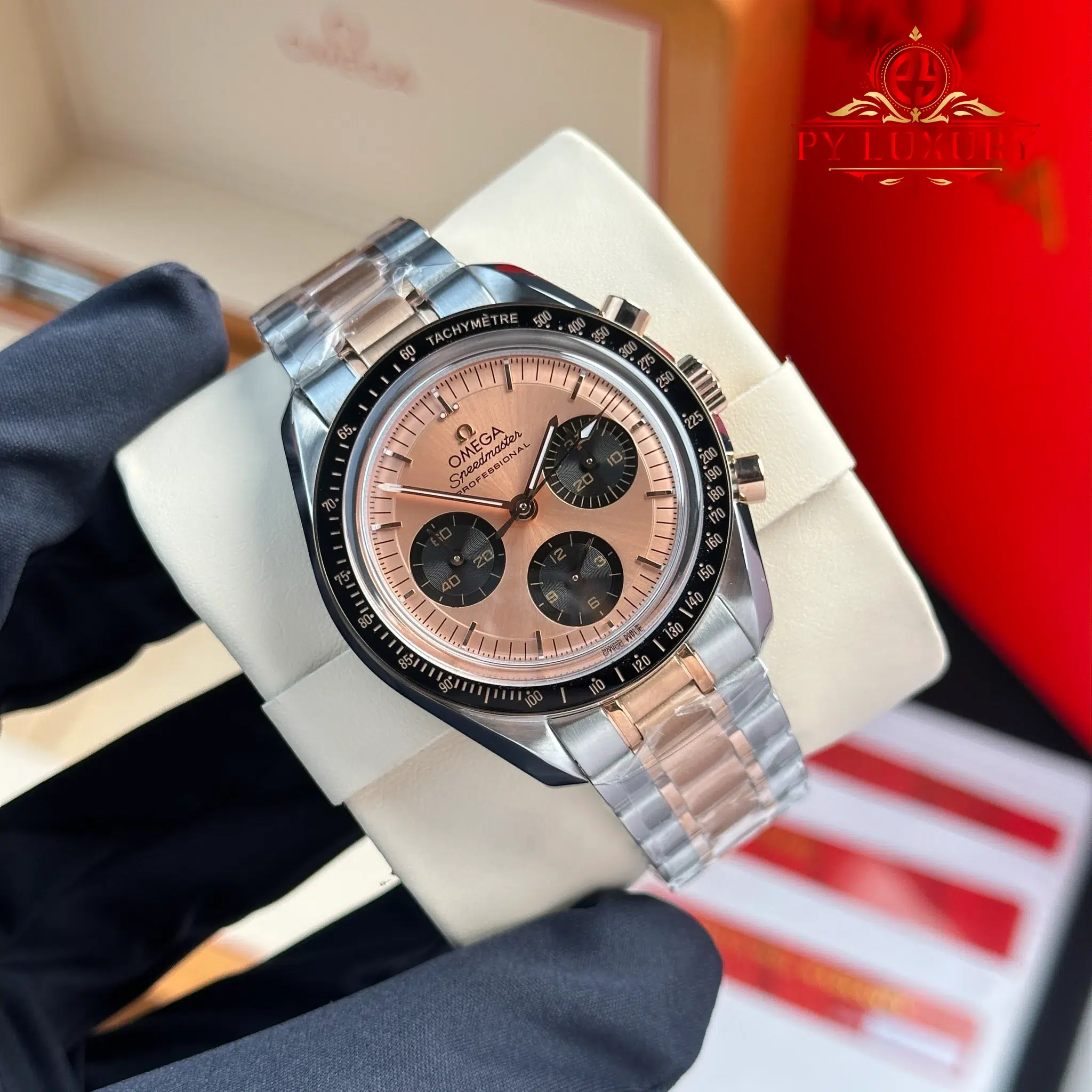 Omega Speedmaster Moonwatch Chronograph Two Tone Rose Gold Pink Dial Swiss Replica - 1 Omega Speedmaster Moonwatch Chronograph Two Tone Rose Gold Pink Dial Swiss Replica N1 Factory
