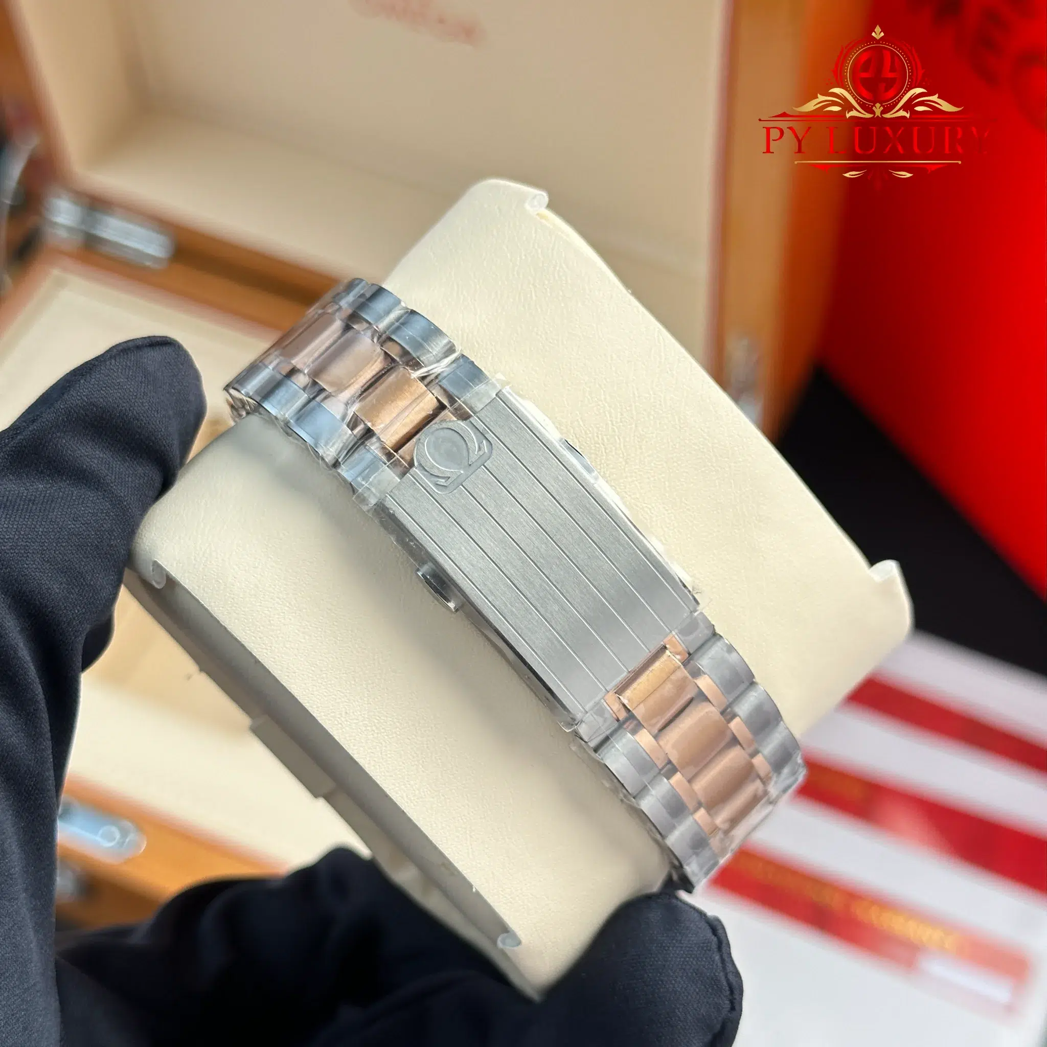 Omega Speedmaster Moonwatch Chronograph Two Tone Rose Gold Pink Dial Swiss Replica - 12