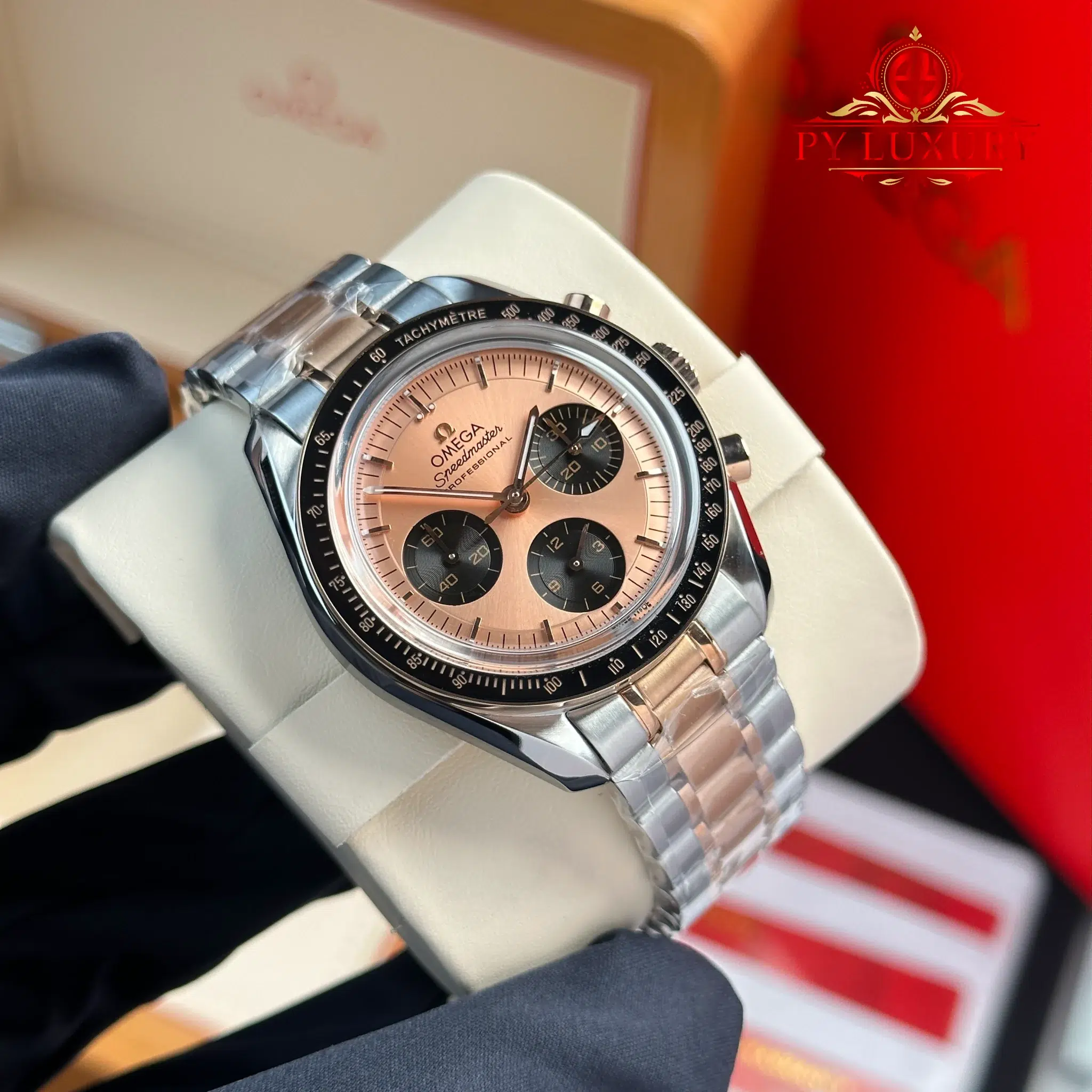 Omega Speedmaster Moonwatch Chronograph Two Tone Rose Gold Pink Dial Swiss Replica - 2
