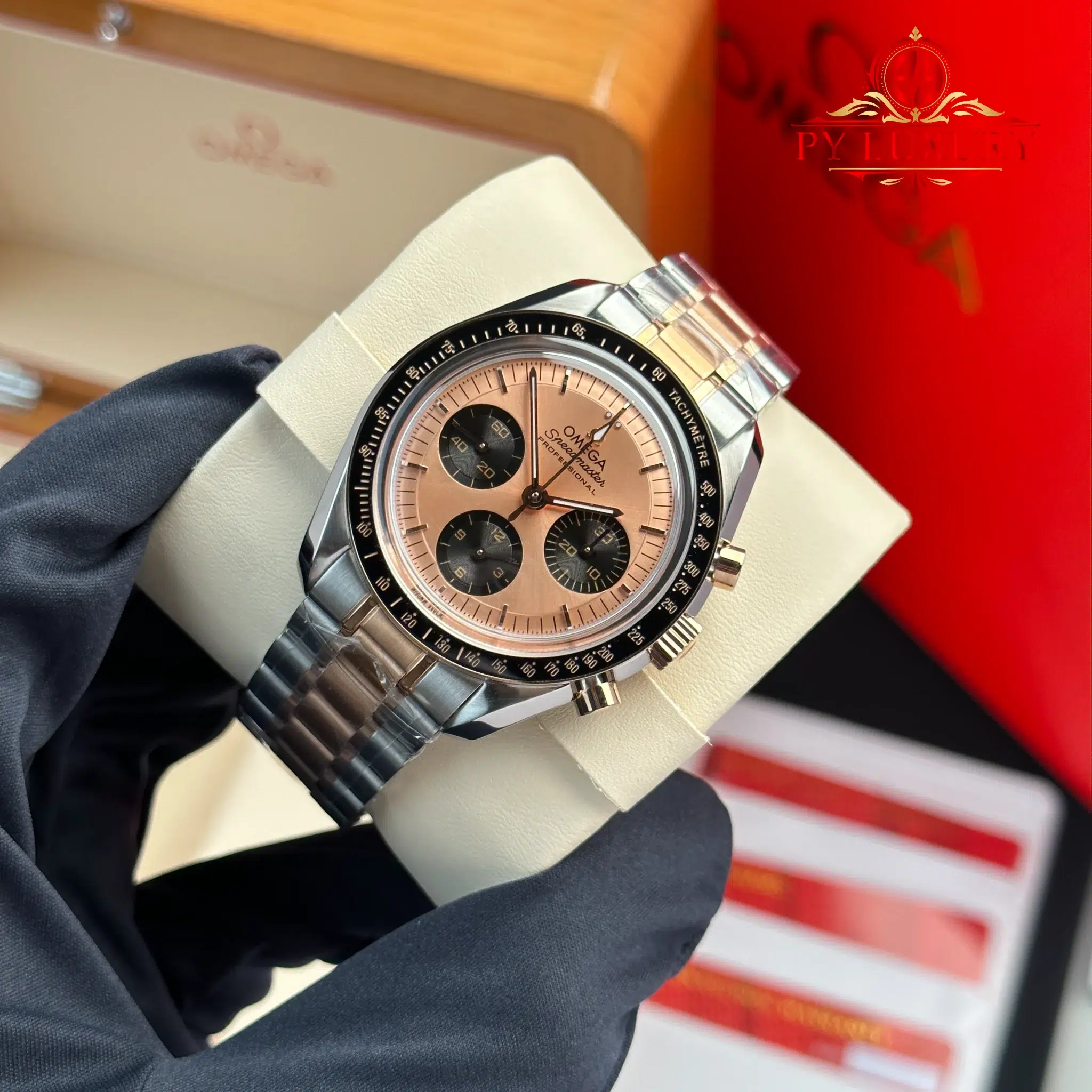 Omega Speedmaster Moonwatch Chronograph Two Tone Rose Gold Pink Dial Swiss Replica - 3