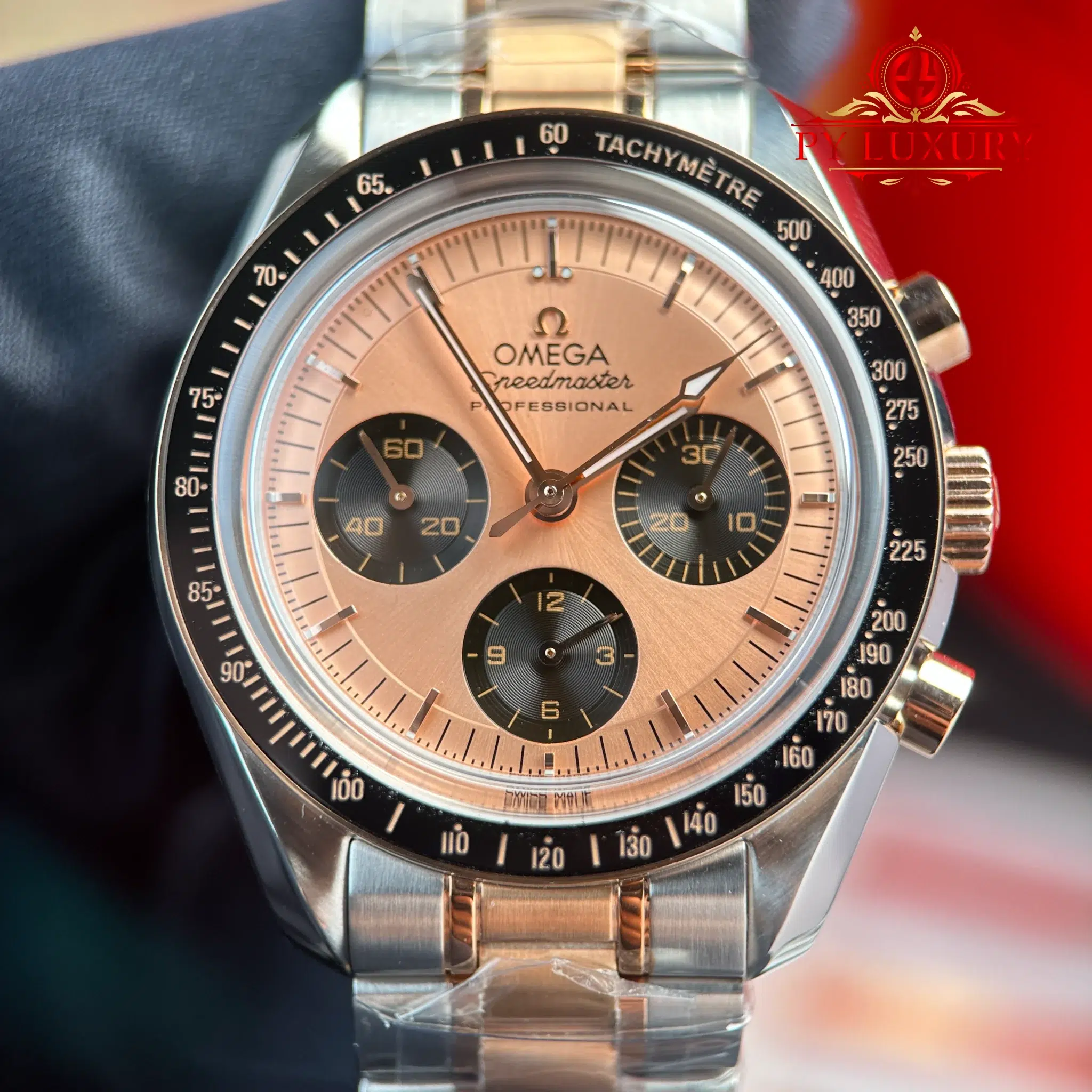 Omega Speedmaster Moonwatch Chronograph Two Tone Rose Gold Pink Dial Swiss Replica - 4