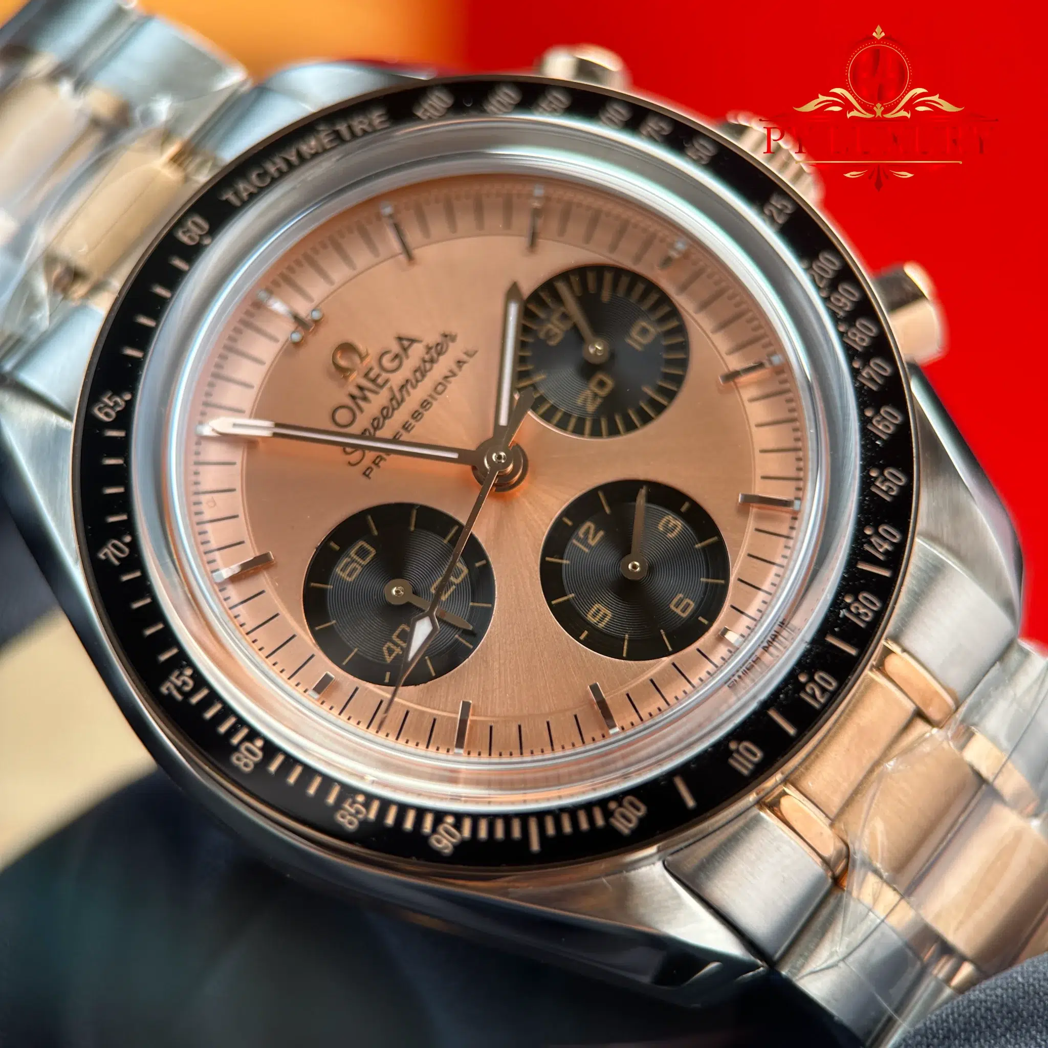 Omega Speedmaster Moonwatch Chronograph Two Tone Rose Gold Pink Dial Swiss Replica - 5