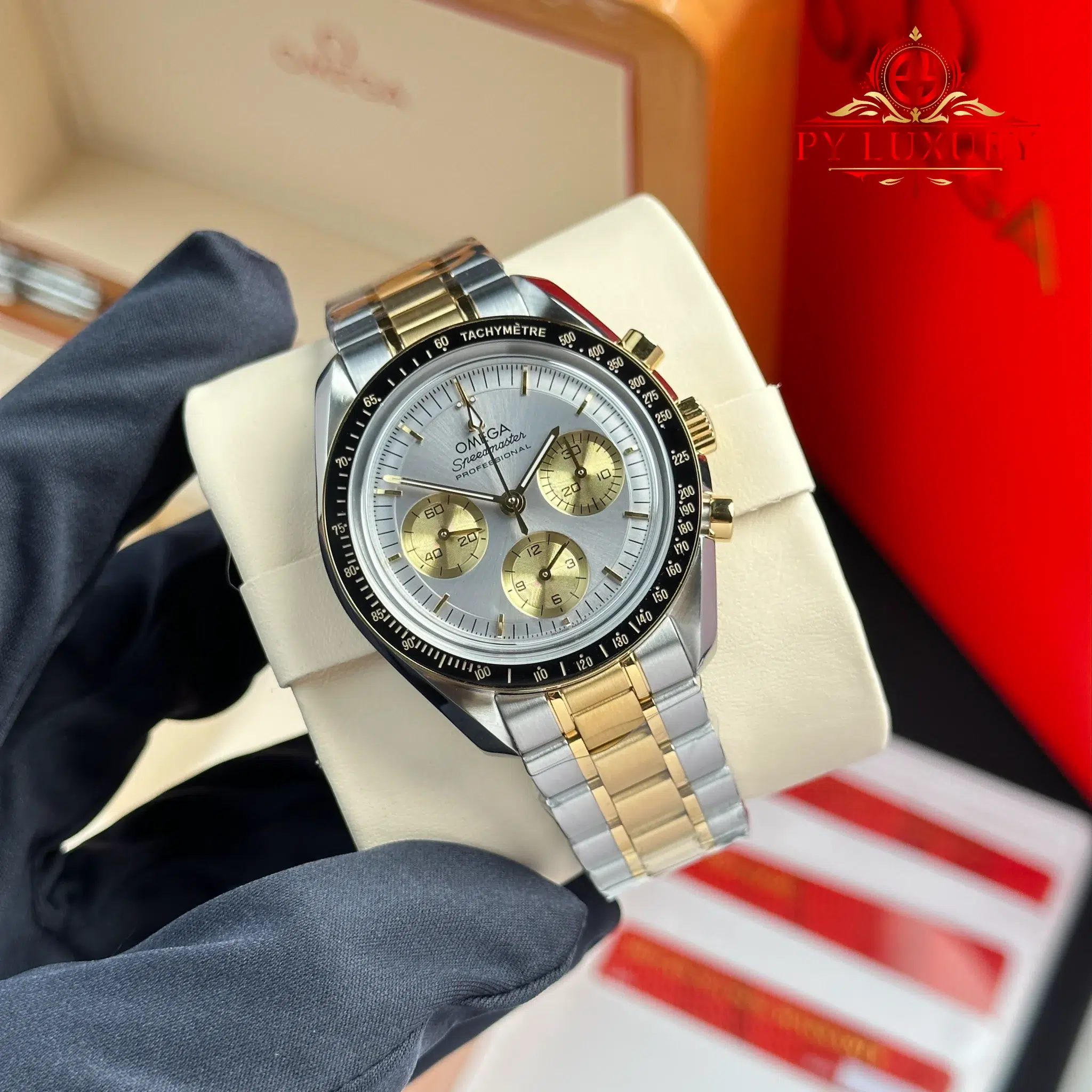 Omega Speedmaster Moonwatch Chronograph Two Tone Yellow Gold Silver Dial Swiss Replica N1F - 1 Omega Speedmaster Moonwatch Chronograph Two Tone Yellow Gold Silver Dial Swiss Replica 42mm