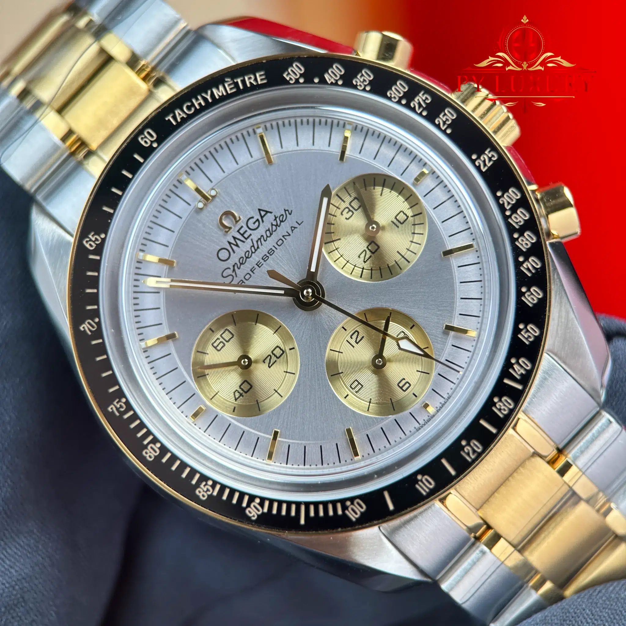 Omega Speedmaster Moonwatch Chronograph Two Tone Yellow Gold Silver Dial Swiss Replica N1F - 4