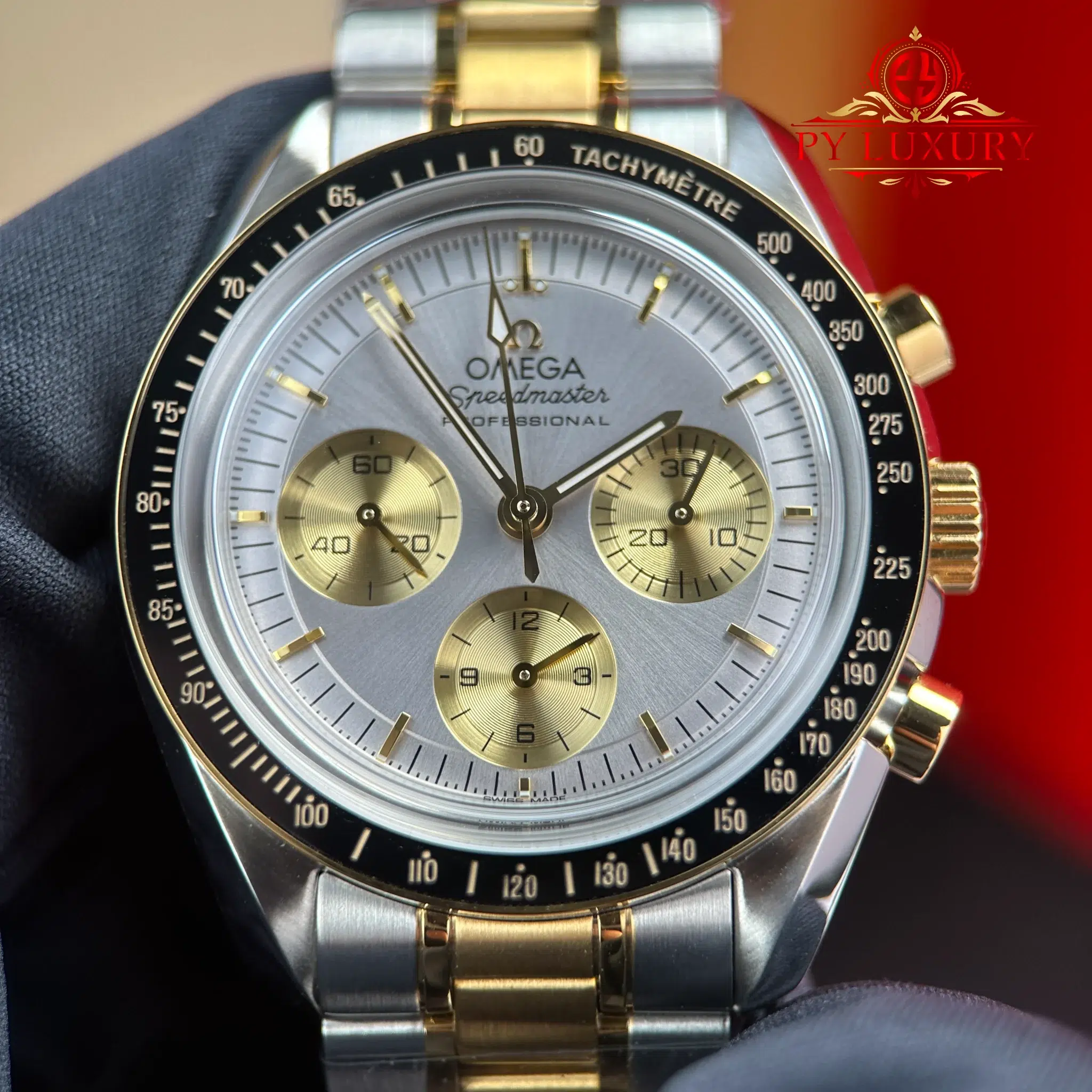 Omega Speedmaster Moonwatch Chronograph Two Tone Yellow Gold Silver Dial Swiss Replica N1F - 5