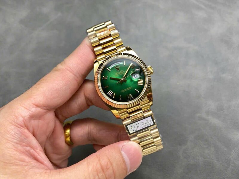 Rolex Day-Date 128238-0118 Yellow Gold Green Ombré Roman Dial 158g Best Replica QF 36mm