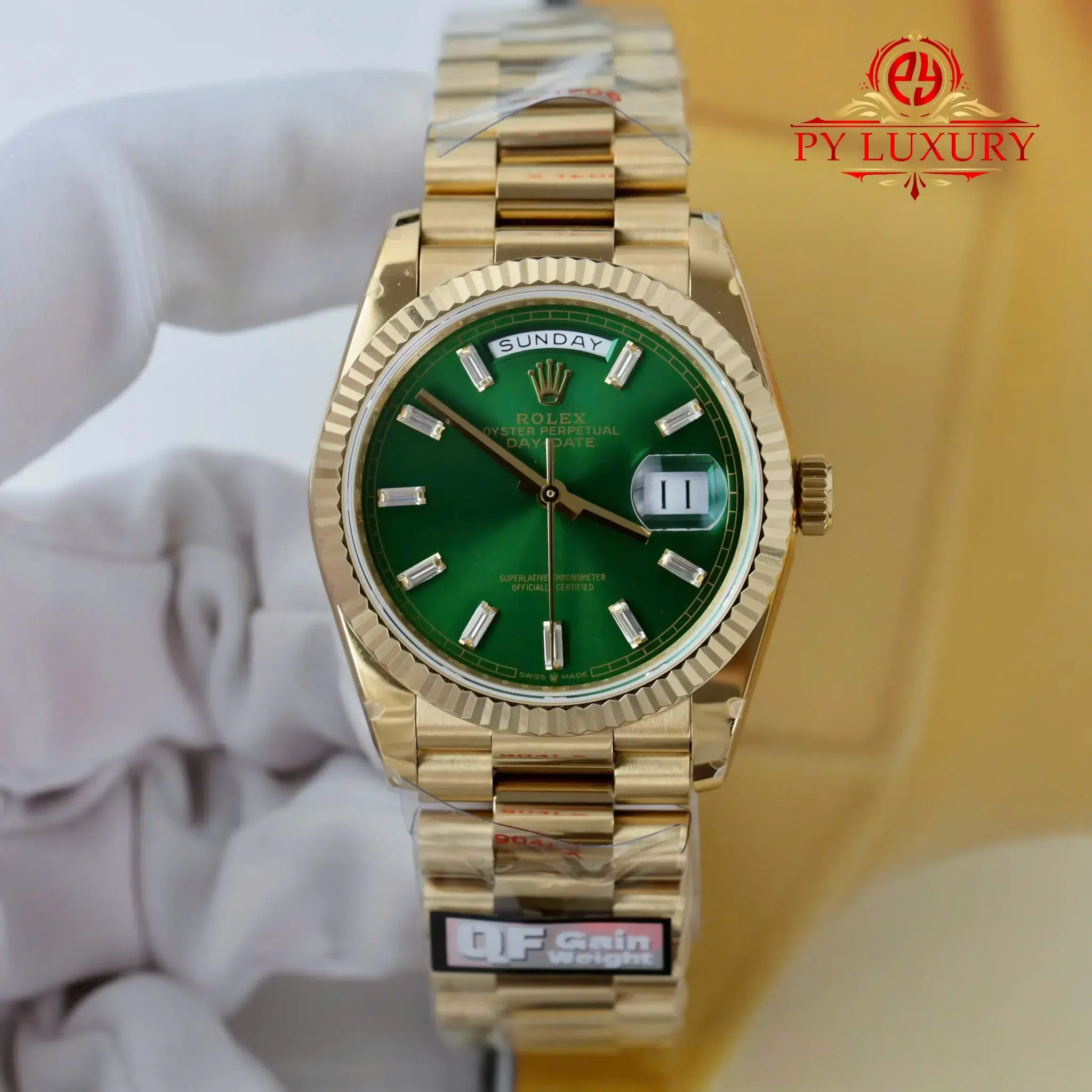 Rolex Day-Date 128238 Yellow Gold Bright Green Diamond-set Dial - 1 Rolex Day-Date 128238-0130 Yellow Gold Bright Green Diamond-set Dial 158g Super Clone QF 36mm