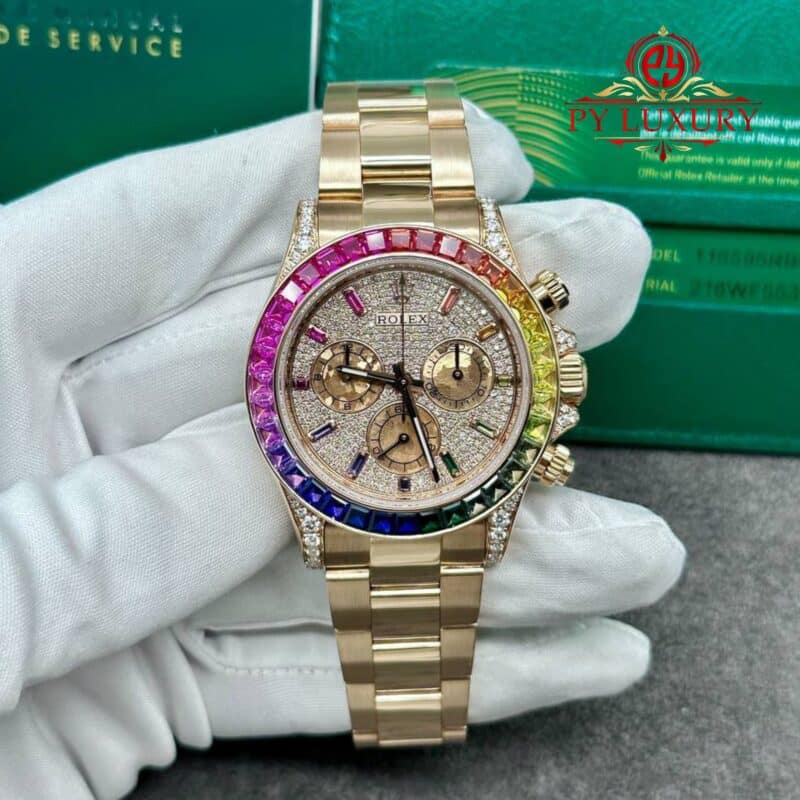 Rolex Daytona 116505 Rainbow Diamonds Pavé Dial Solid 18K Rose Gold Natural Gemstones 40mm