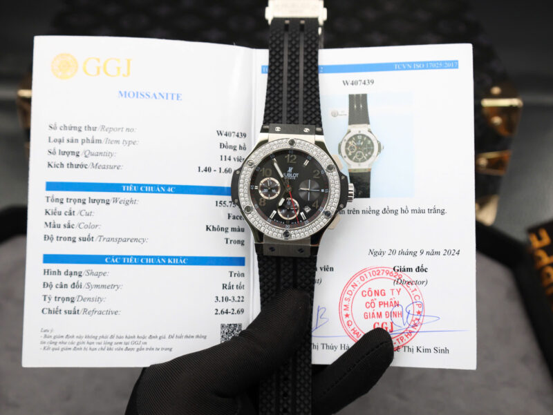 Đồng Hồ Hublot Big Bang Chronograph Vỏ Thép Mặt Đen Viền Đá Moissanite Replica 41mm