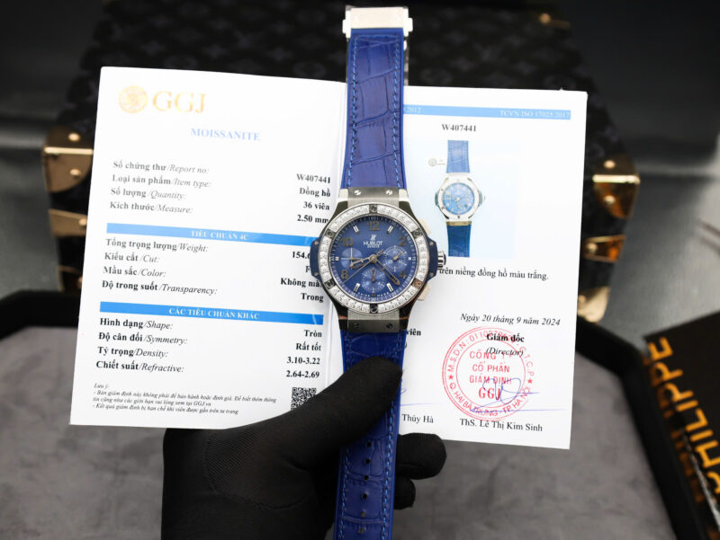 Hublot Big Bang Chronograph Steel Blue Custom Moissanite Bezel Replica 41mm