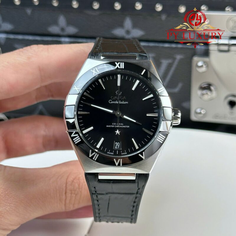 Đồng Hồ Omega Constellation Mặt Đen Viền Gốm Đen Dây Da Replica 1:1 VSF 41mm