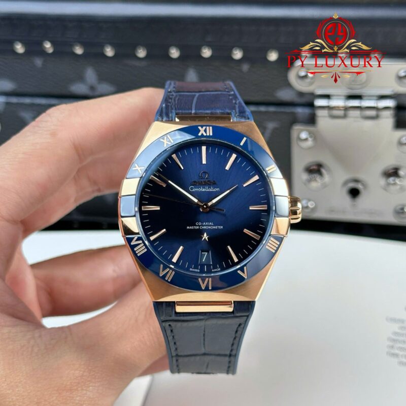 Omega Constellation Rose Gold Blue Dial Blue Ceramic Bezel Leather Strap Best Replica VSF 41mm