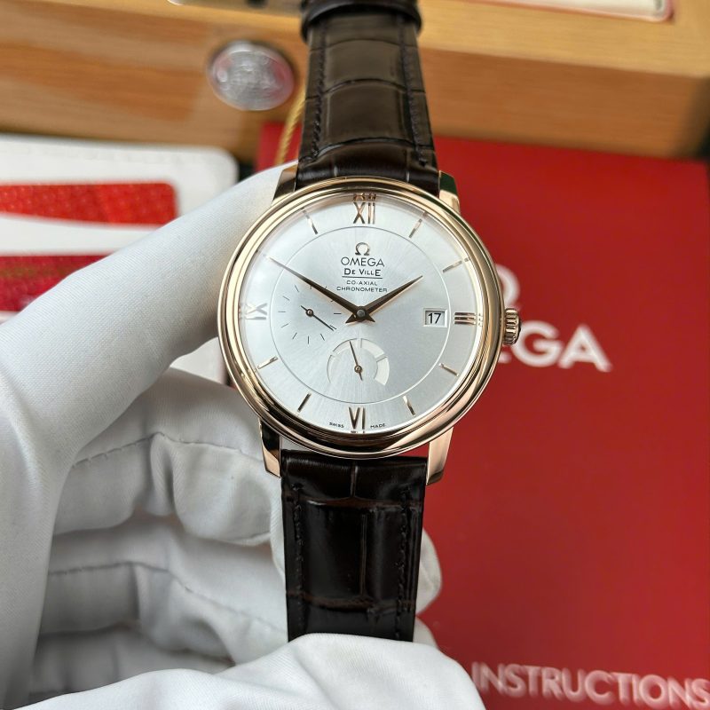 Omega De Ville Prestige Power Reserve Rose Gold Silver Dial Leather Strap Best Replica