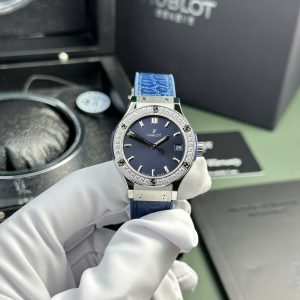 Hublot Classic Fusion Titanium Blue Dial CZ Stones Bezel Leather Strap Ladies Replica