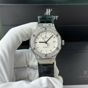 Hublot Classic Fusion Titanium Diamond Pavé White Dial Black Leather Strap Replica