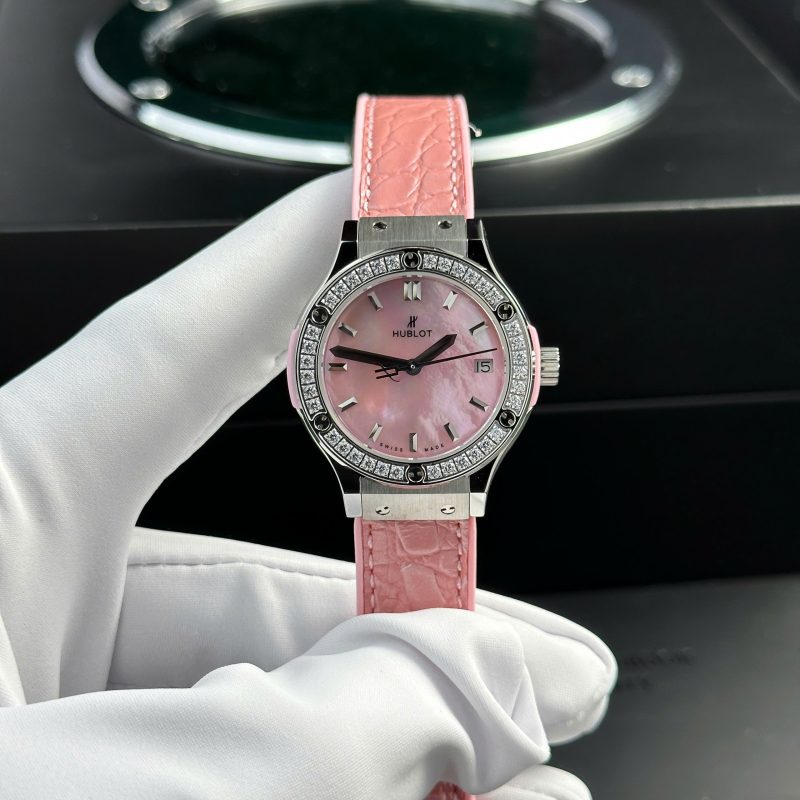 Hublot Classic Fusion Titanium Pink MOP Dial CZ Stones Bezel Leather Strap Ladies Replica