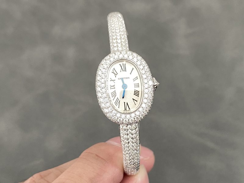 Cartier Baignoire HPI01607 Mini Model Silver Dial Iced Out Moissanite Best Replica