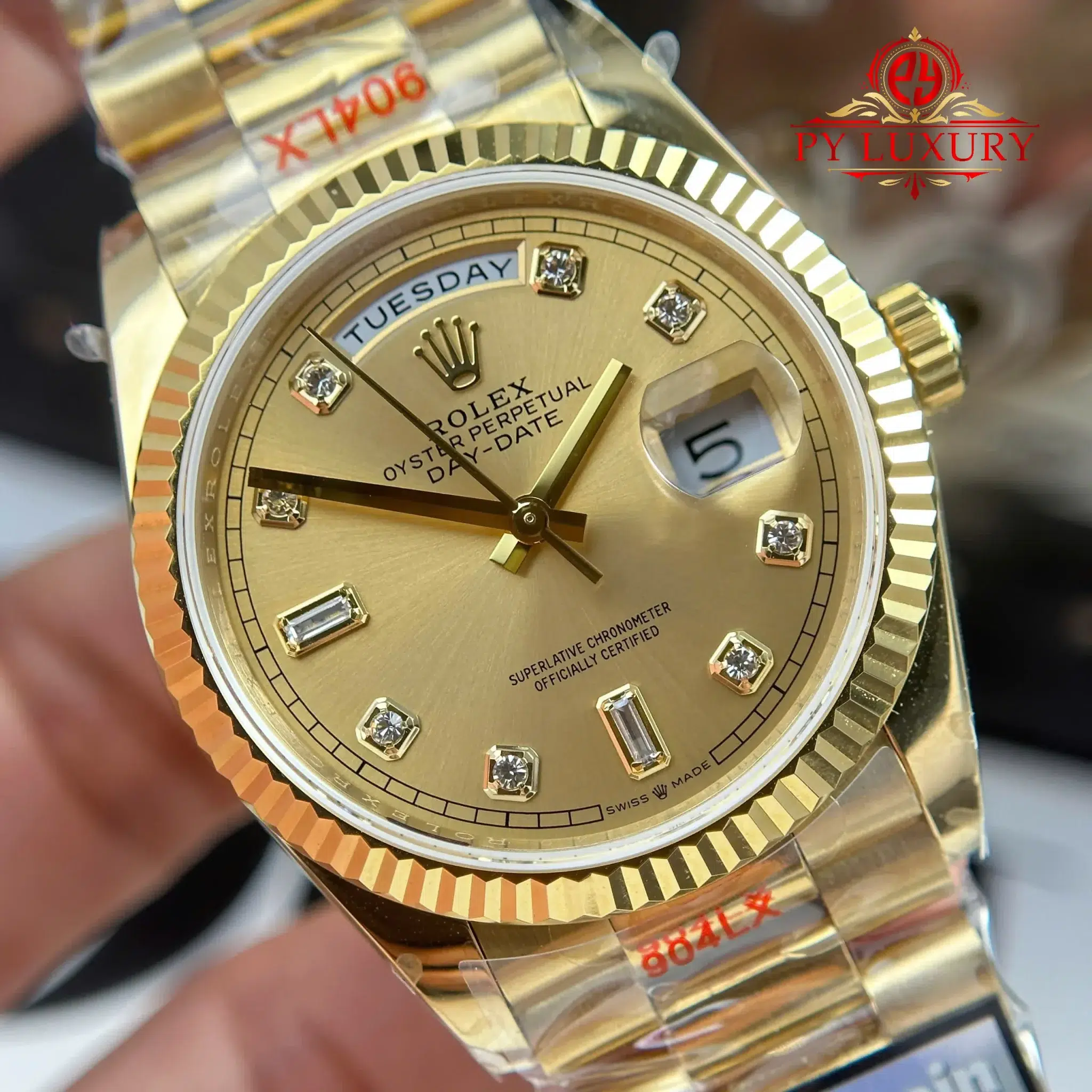Đồng Hồ Rolex Day-Date 128238-0008 Vàng Gold Mặt Số Vàng Champagne Cọc Số Đính Đá Replica - 13
