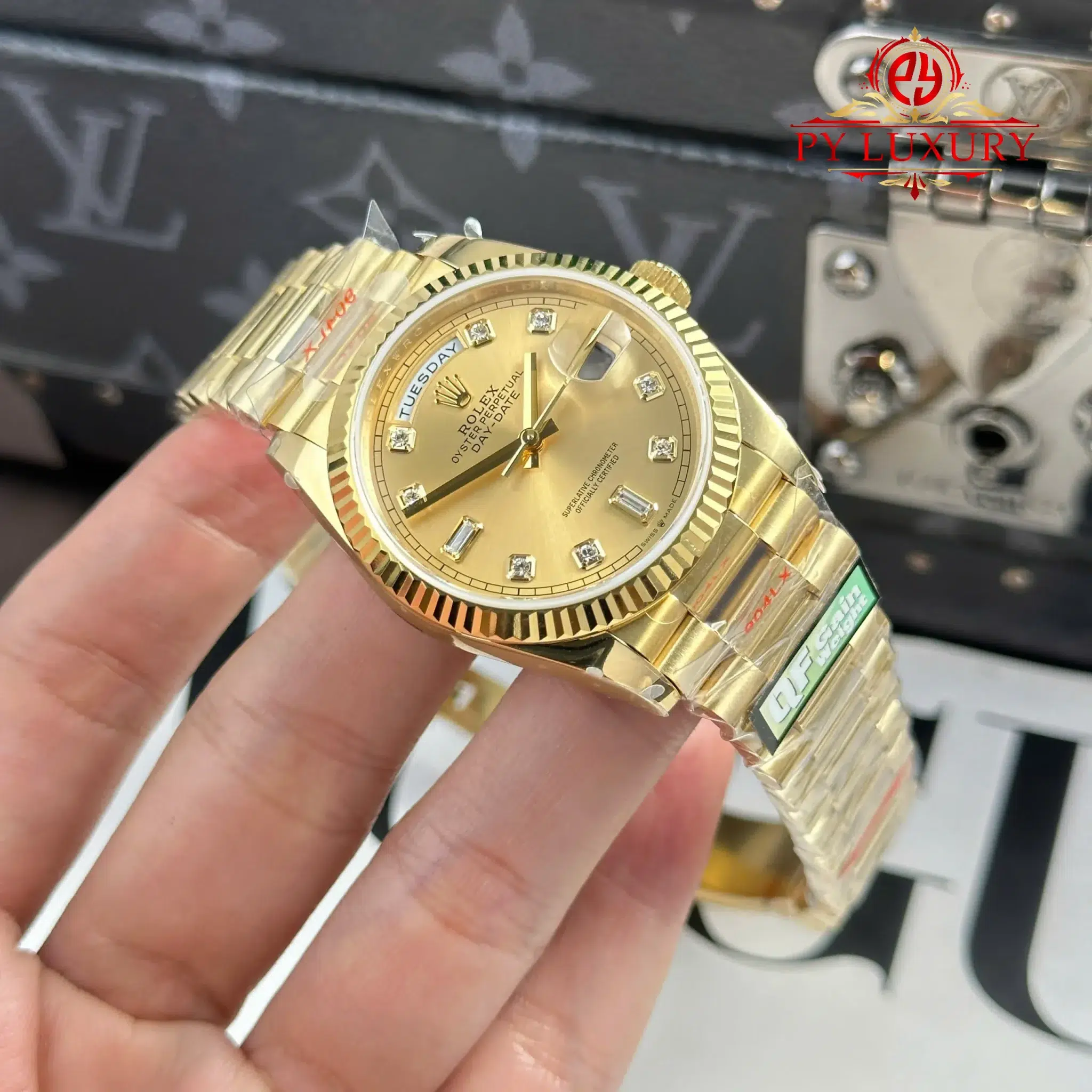 Đồng Hồ Rolex Day-Date 128238-0008 Vàng Gold Mặt Số Vàng Champagne Cọc Số Đính Đá Replica - 14