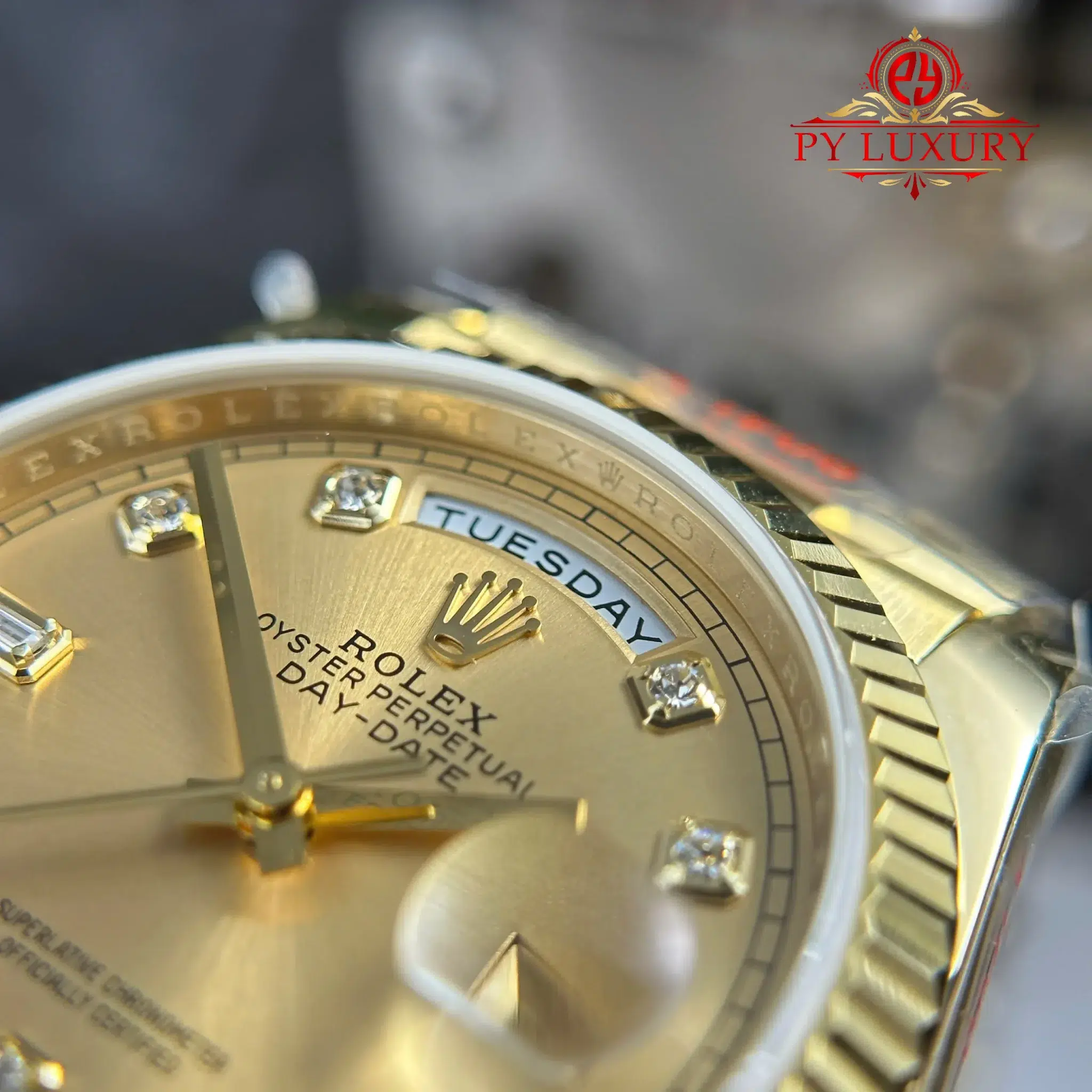 Đồng Hồ Rolex Day-Date 128238-0008 Vàng Gold Mặt Số Vàng Champagne Cọc Số Đính Đá Replica - 4