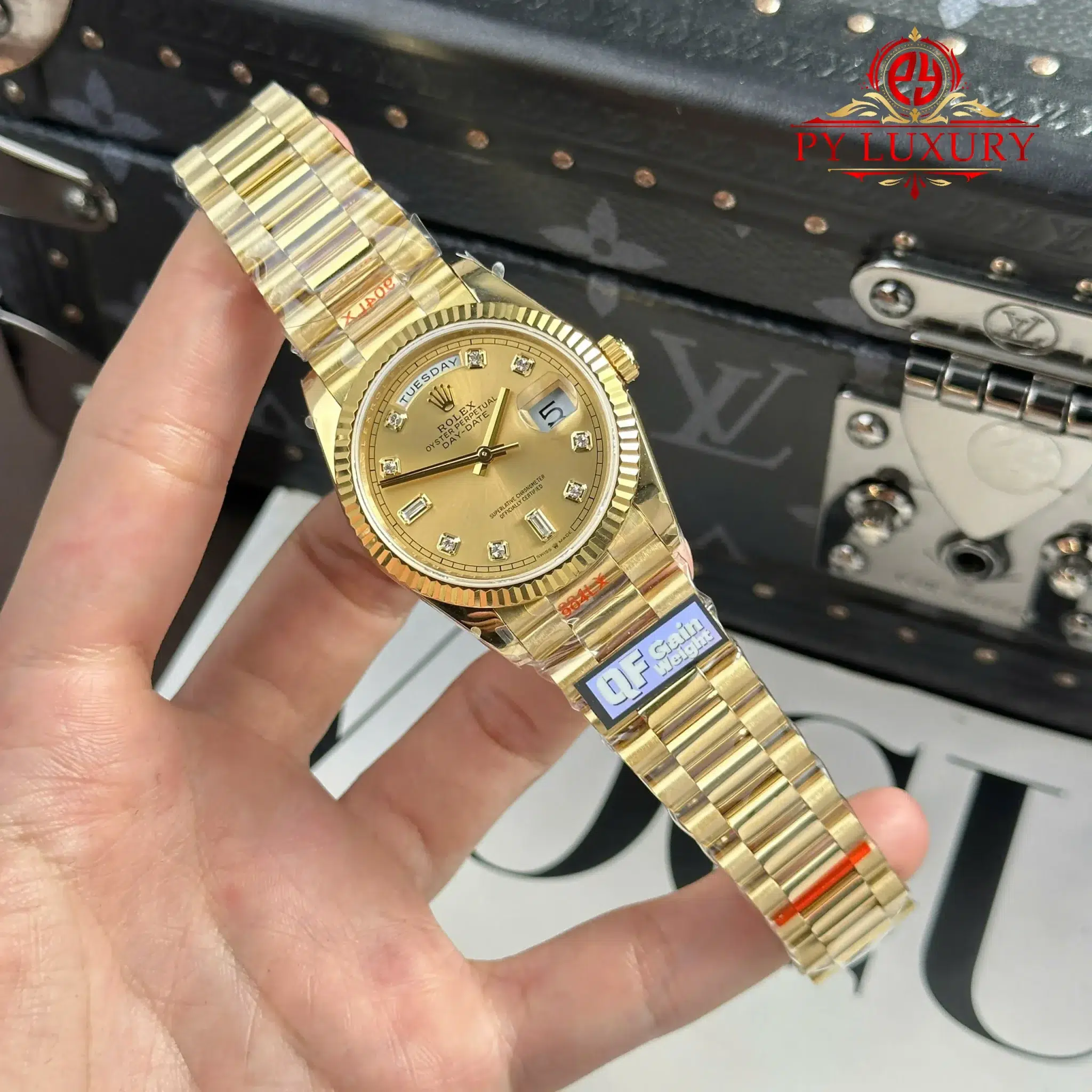 Đồng Hồ Rolex Day-Date 128238-0008 Vàng Gold Mặt Số Vàng Champagne Cọc Số Đính Đá Replica - 6