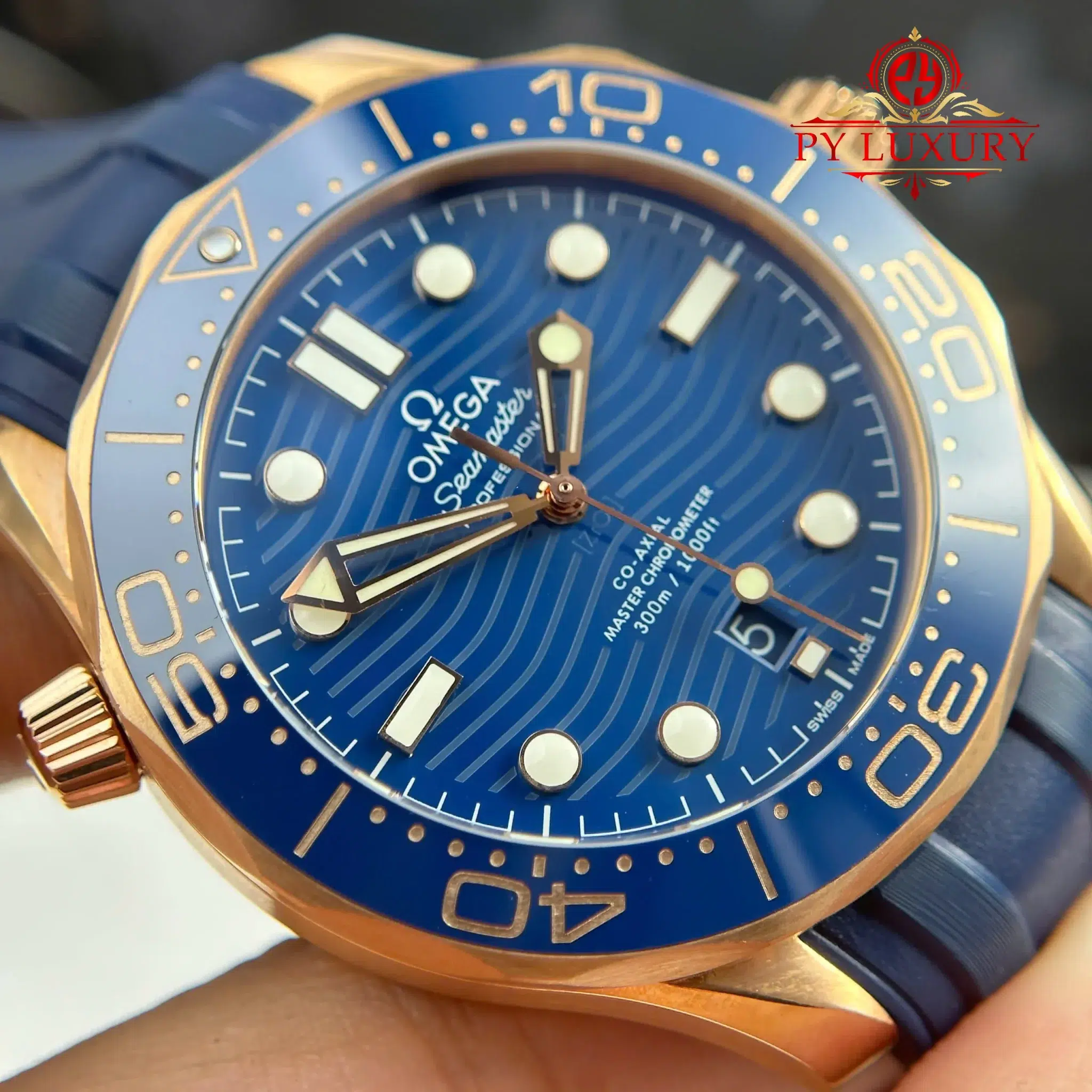 Omega Seamaster Diver 300M Blue Dial Sedna Gold Rubber Strap - 9