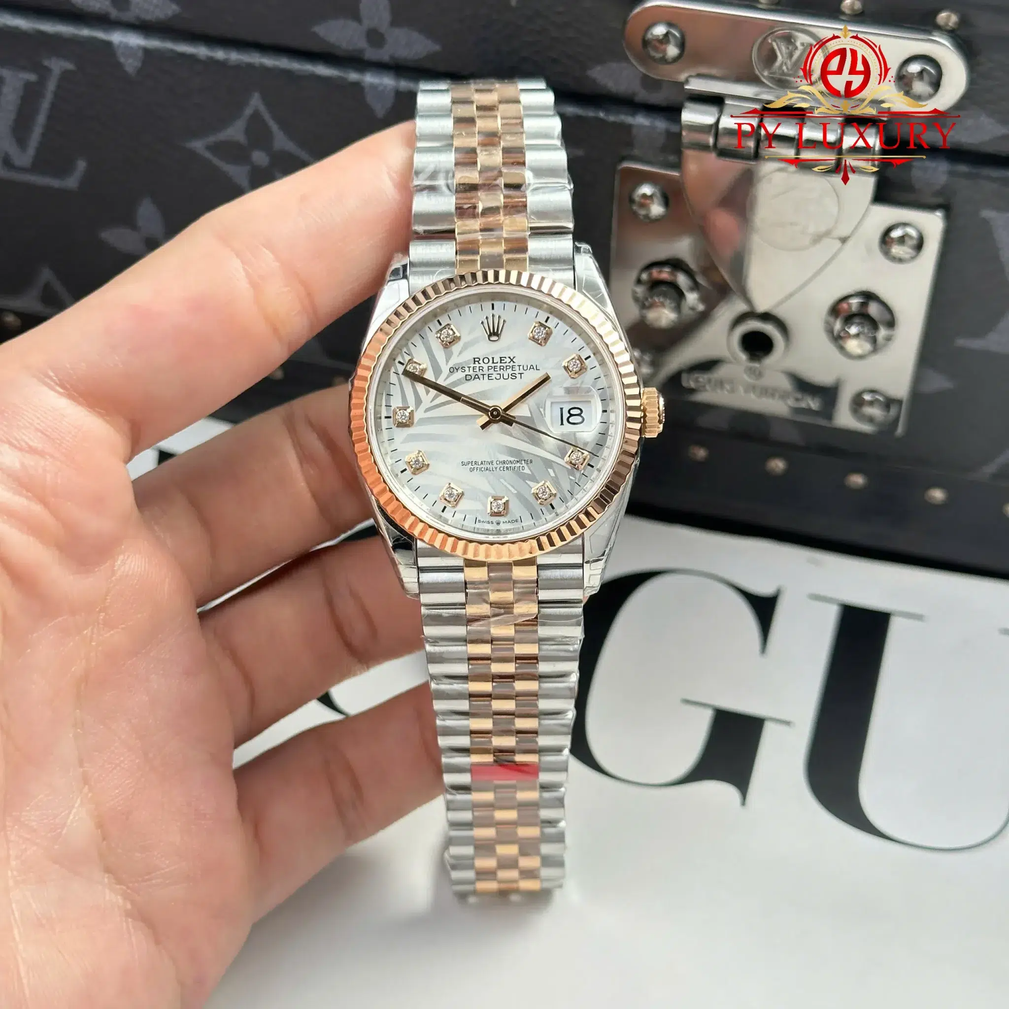 Rolex Datejust 126231 Two Tone Rose Gold Silver Palm-Motif Diamond Dial Jubilee Bracelet - 12 Rolex Datejust 126231 Two Tone Rose Gold Silver Palm-Motif Diamond Dial Jubilee Bracelet 1:1 Best Replica