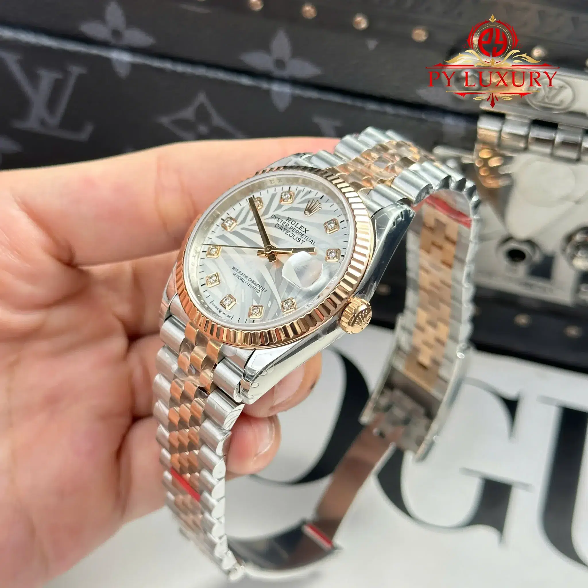Rolex Datejust 126231 Two Tone Rose Gold Silver Palm-Motif Diamond Dial Jubilee Bracelet - 6
