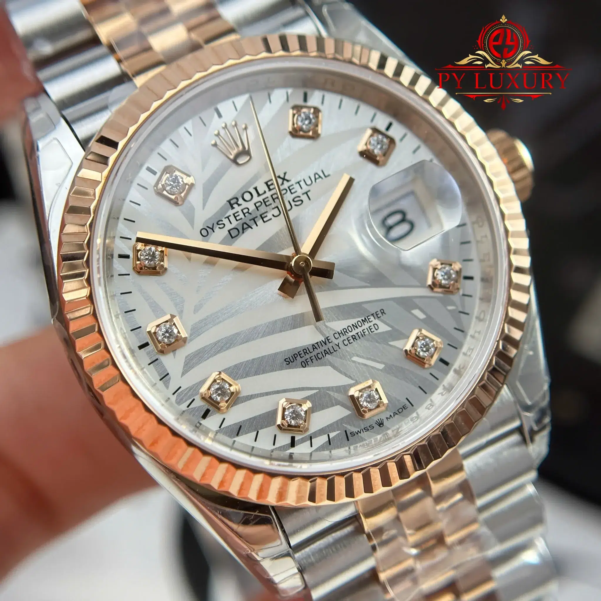 Rolex Datejust 126231 Two Tone Rose Gold Silver Palm-Motif Diamond Dial Jubilee Bracelet - 8