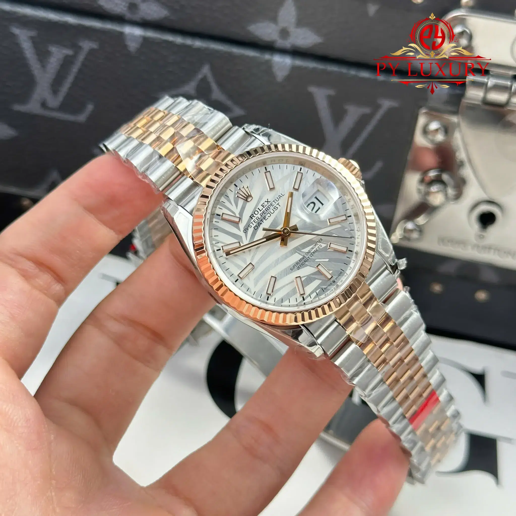 Rolex Datejust 36 Rose Gold Steel Palm Motif Dial Fluted Bezel Jubilee Bracelet - 10