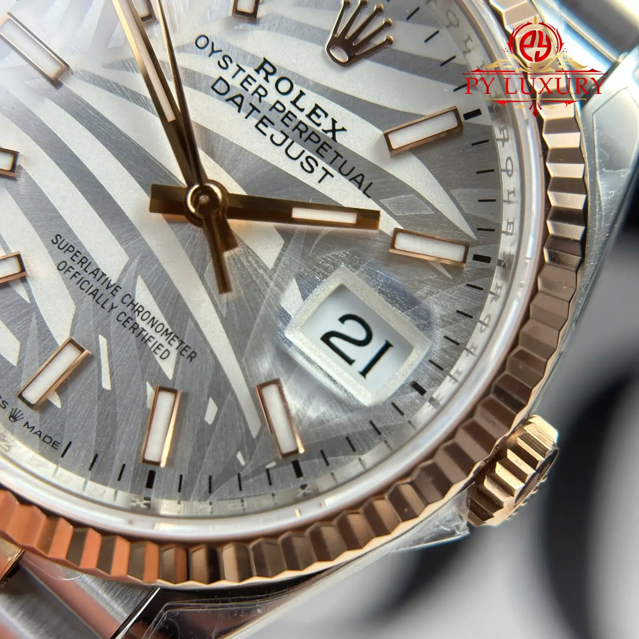 Rolex Datejust 36 Rose Gold Steel Palm Motif Dial Fluted Bezel Jubilee Bracelet - 12