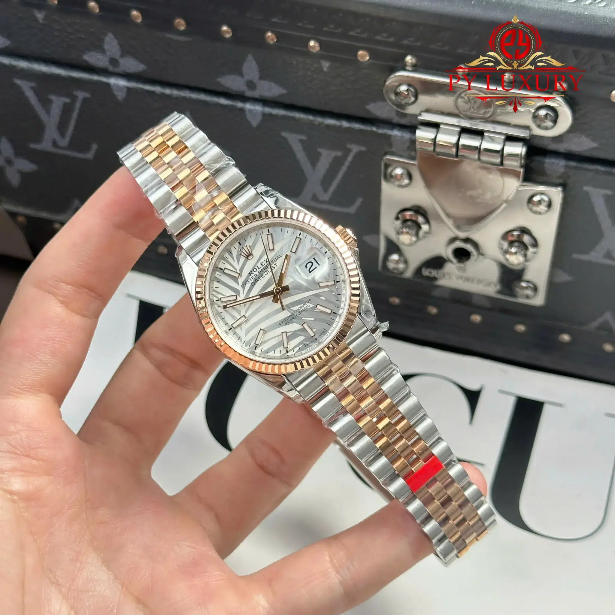 Rolex Datejust 36 Rose Gold Steel Palm Motif Dial Fluted Bezel Jubilee Bracelet - 6