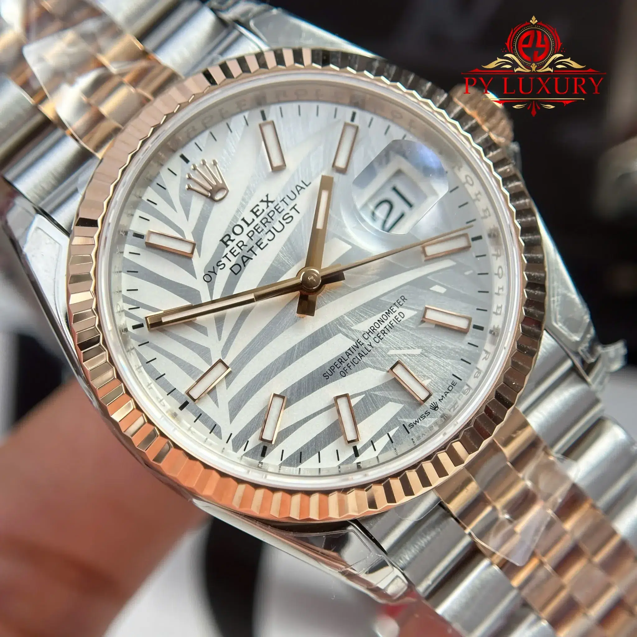 Rolex Datejust 36 Rose Gold Steel Palm Motif Dial Fluted Bezel Jubilee Bracelet - 7