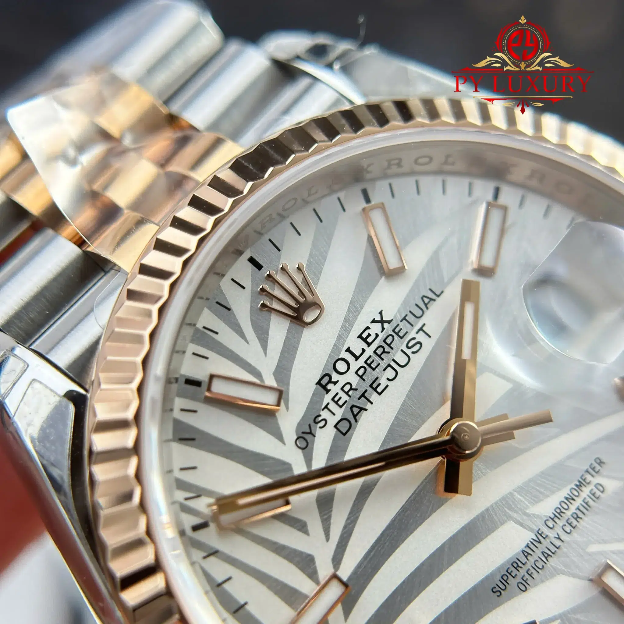 Rolex Datejust 36 Rose Gold Steel Palm Motif Dial Fluted Bezel Jubilee Bracelet - 8